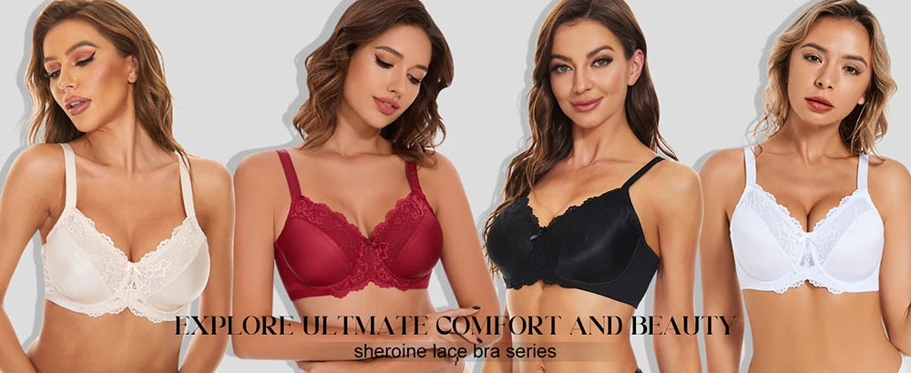 Sheroine Lace Underwire Bra, Floral Minimizer Full Coverage Non-Padded Bras for Women Everyday Comfort T-Shirt Support