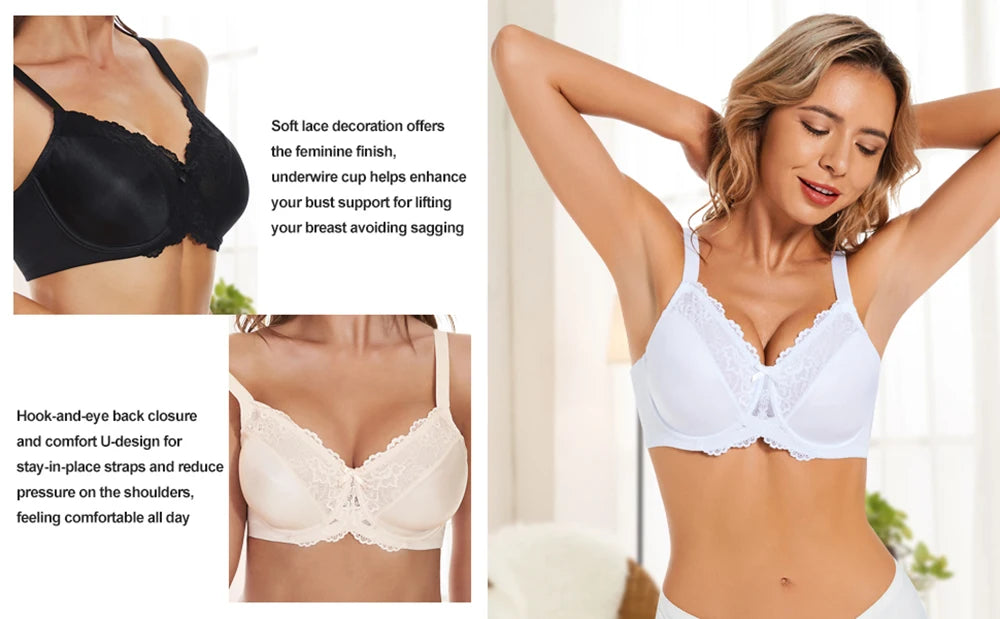 Sheroine Lace Underwire Bra, Floral Minimizer Full Coverage Non-Padded Bras for Women Everyday Comfort T-Shirt Support