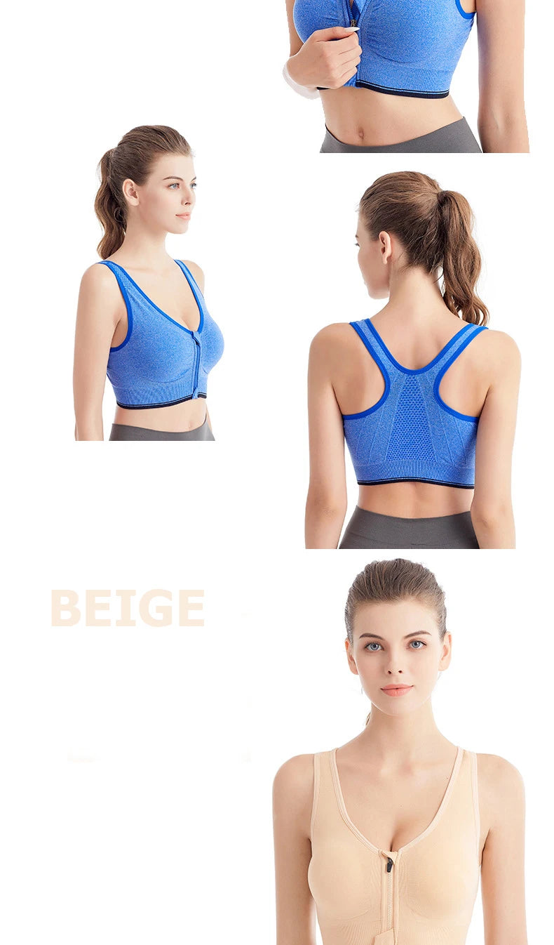 Women's Front Zipper Sports Bra Seamless Shockproof Breathable Fitness Brassiere No Underwire Running Bralette