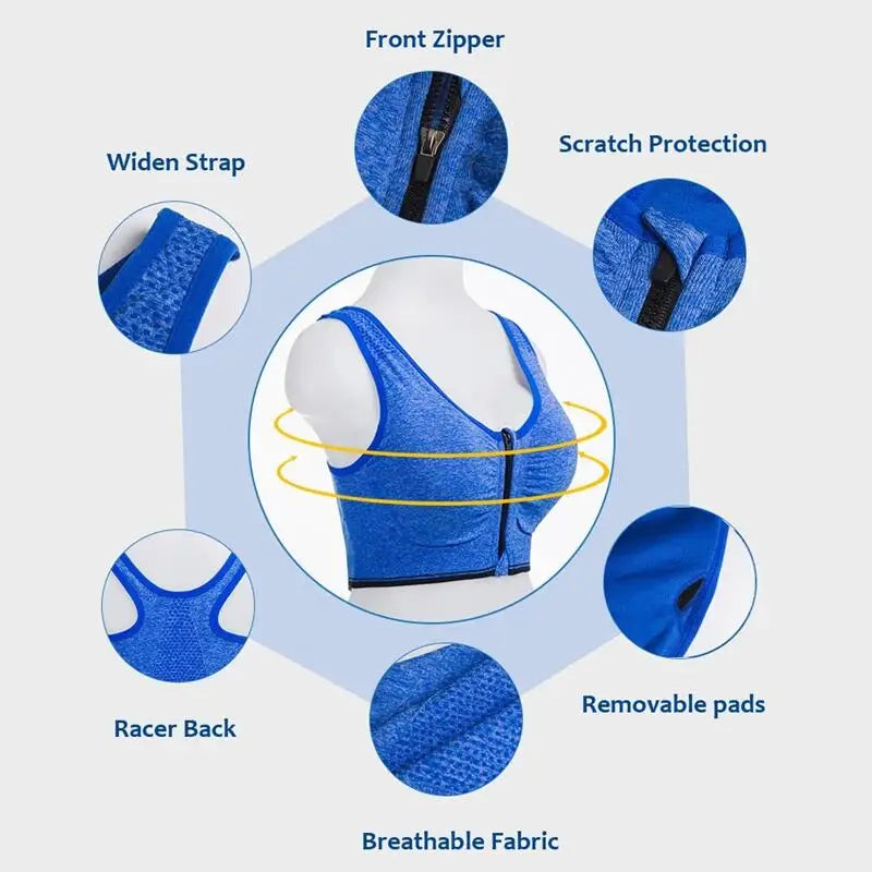 Women's Front Zipper Sports Bra Seamless Shockproof Breathable Fitness Brassiere No Underwire Running Bralette