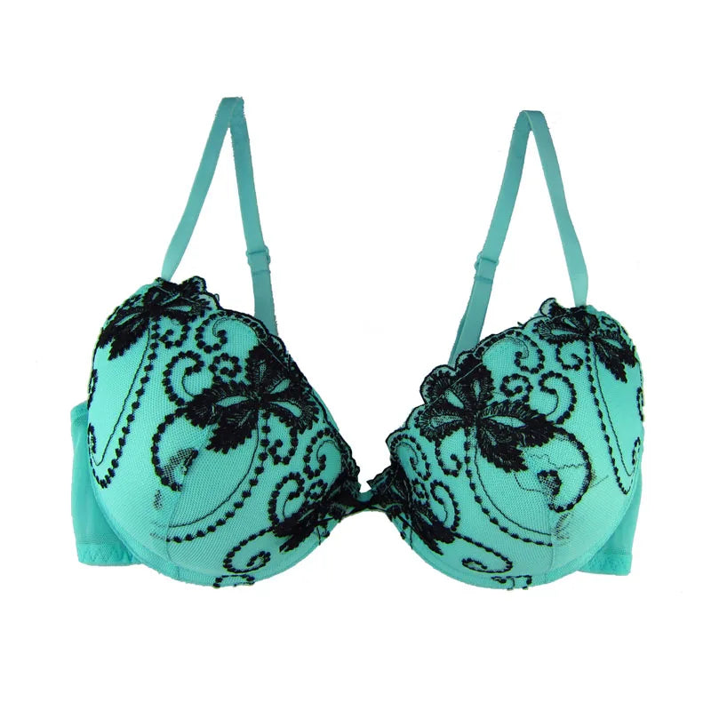 Teal bra with black lace detailing on a white background
