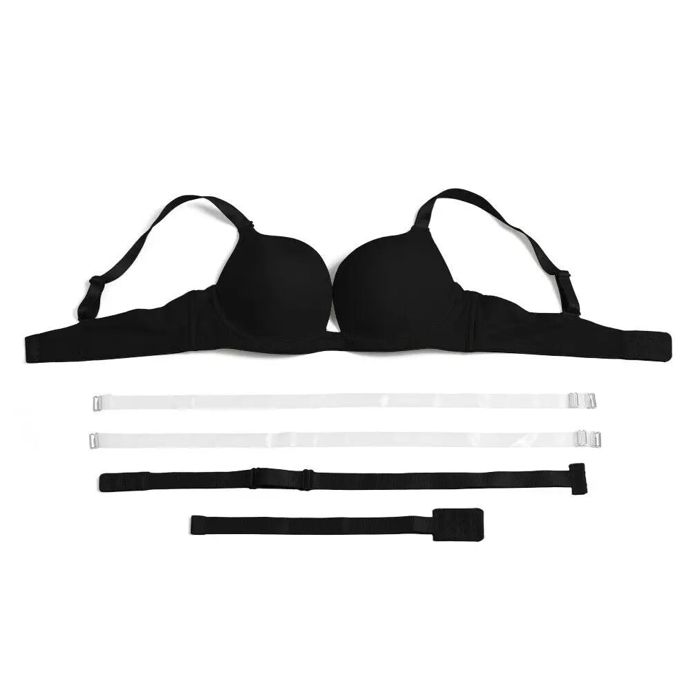 Black bra set with adjustable straps on a white background