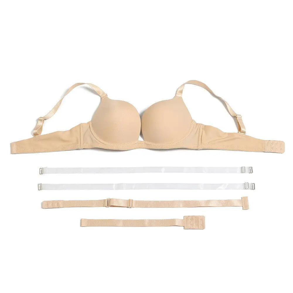 Beige bra with adjustable straps on a white background