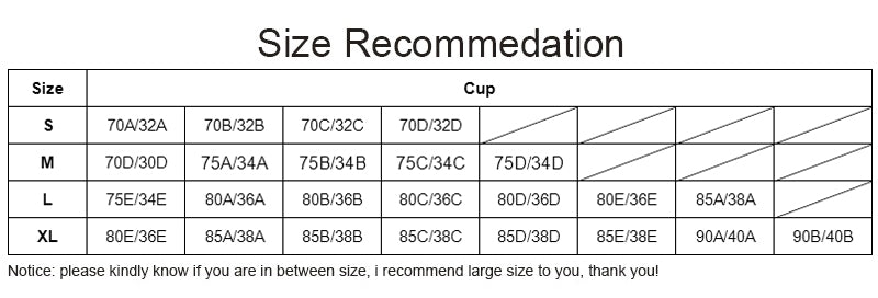 Size recommendation chart for cups with labeled sizes and cup sizes.