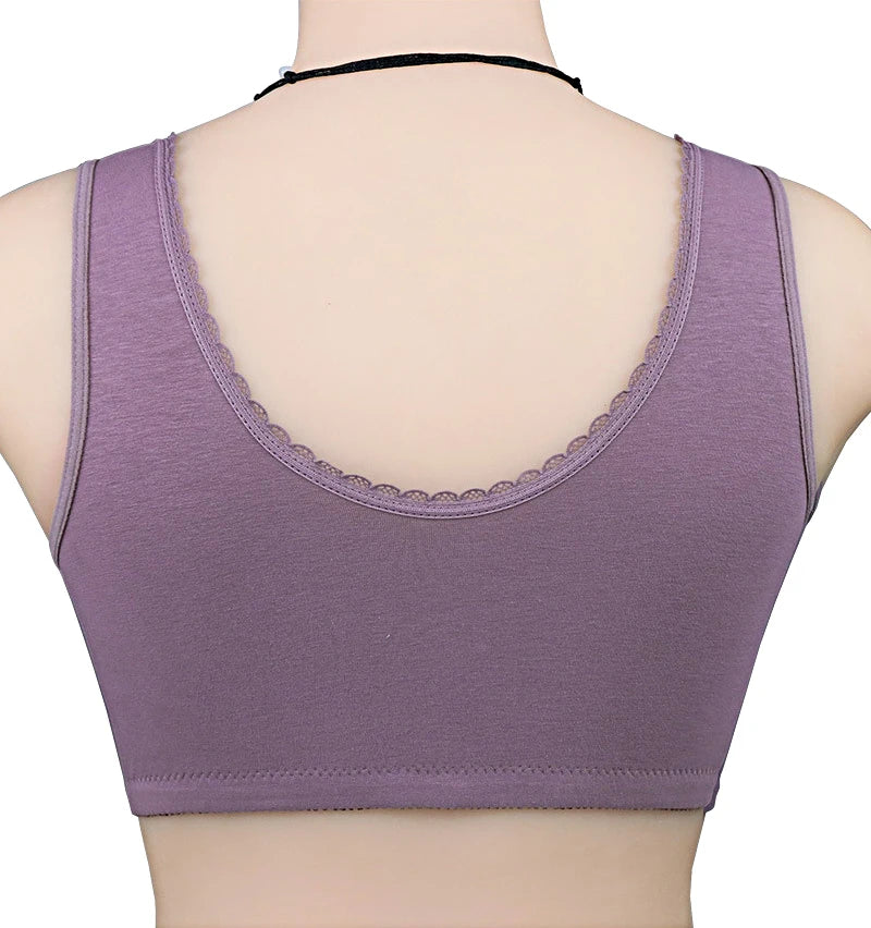 A lavender purple bralette shown from the back on a mannequin torso, featuring a wide scoop neckline with scalloped trim and wide shoulder straps.