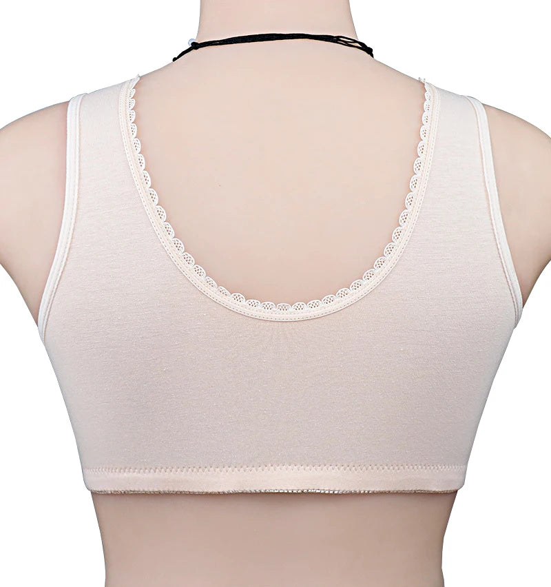 Back view of a beige ribbed tank top with a scoop neckline and delicate lace trim, shown on a mannequin torso against a white background.