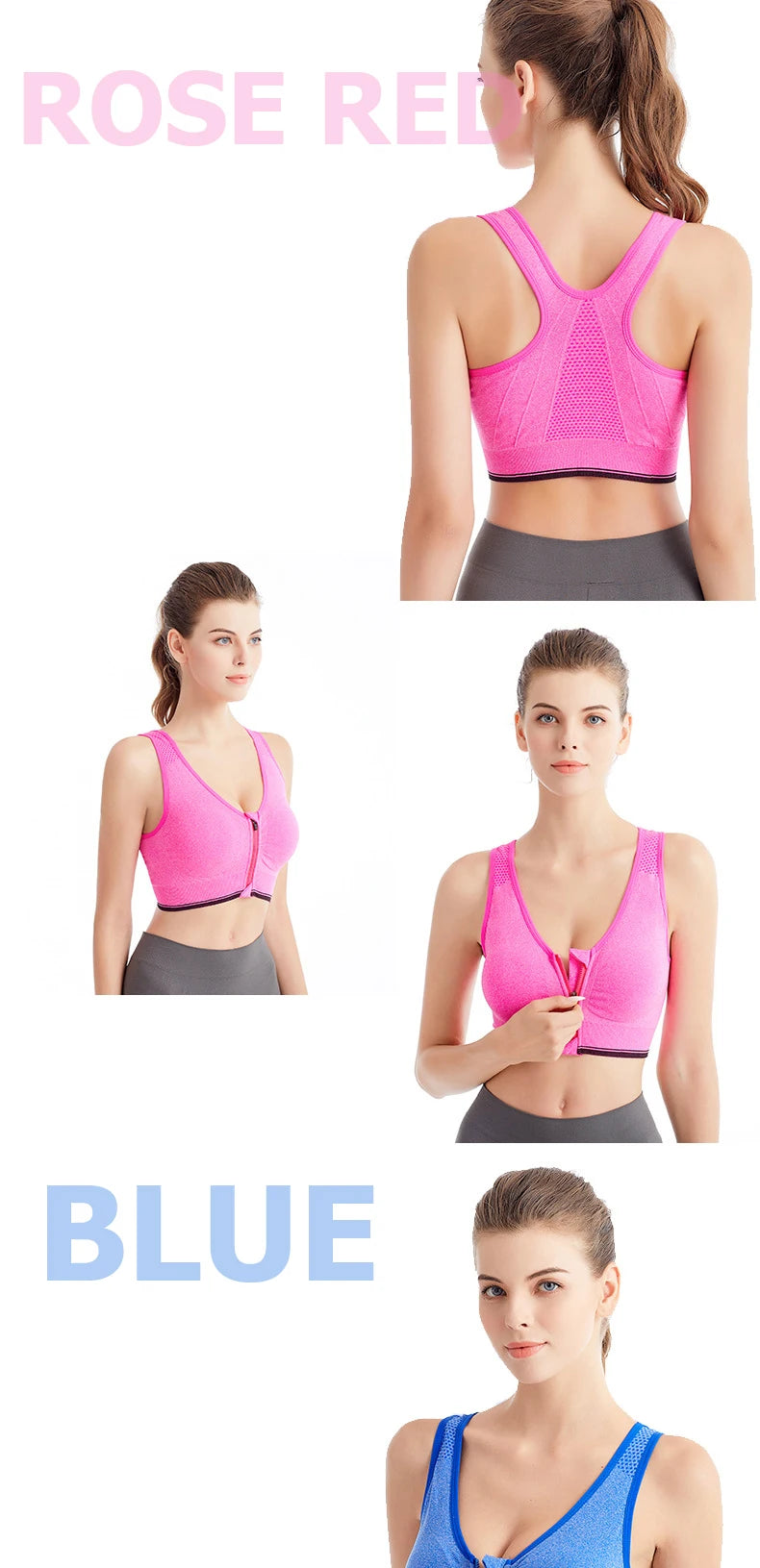 Women's Front Zipper Sports Bra Seamless Shockproof Breathable Fitness Brassiere No Underwire Running Bralette