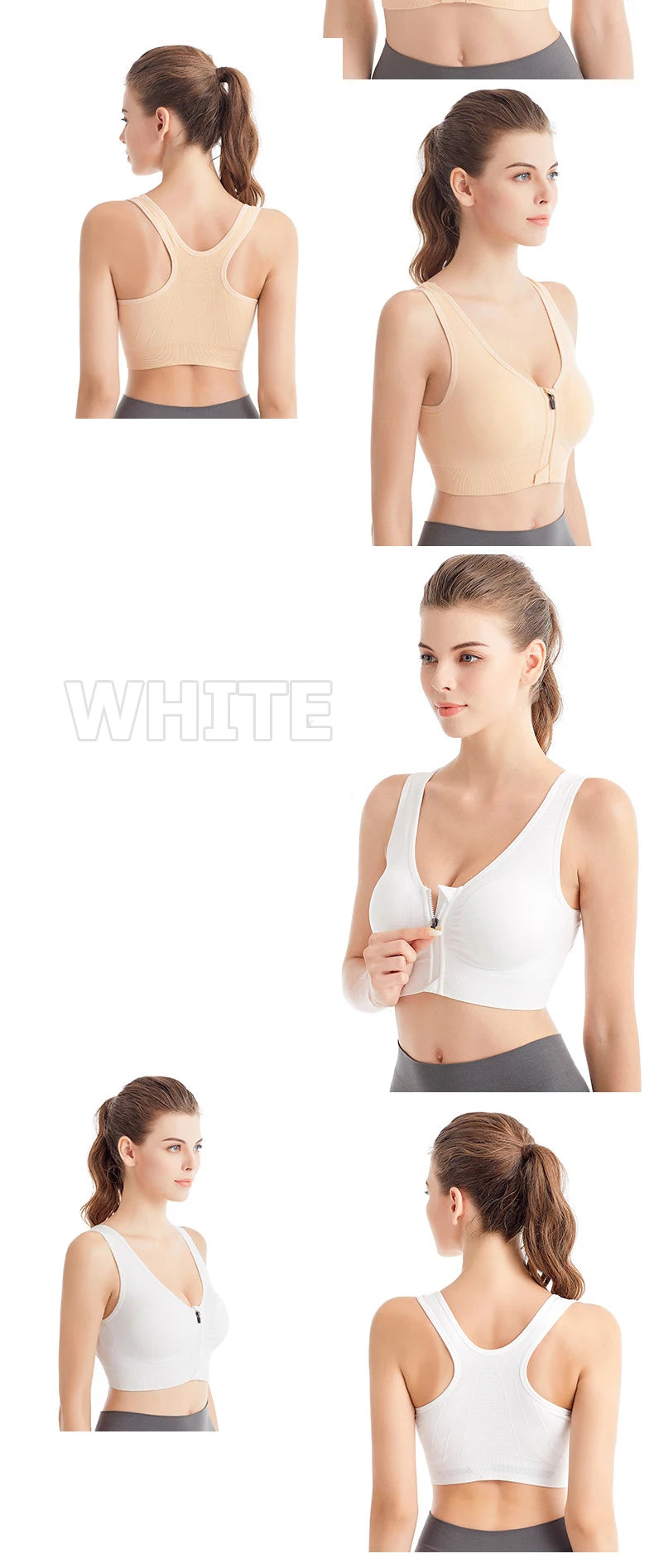 Women's Front Zipper Sports Bra Seamless Shockproof Breathable Fitness Brassiere No Underwire Running Bralette