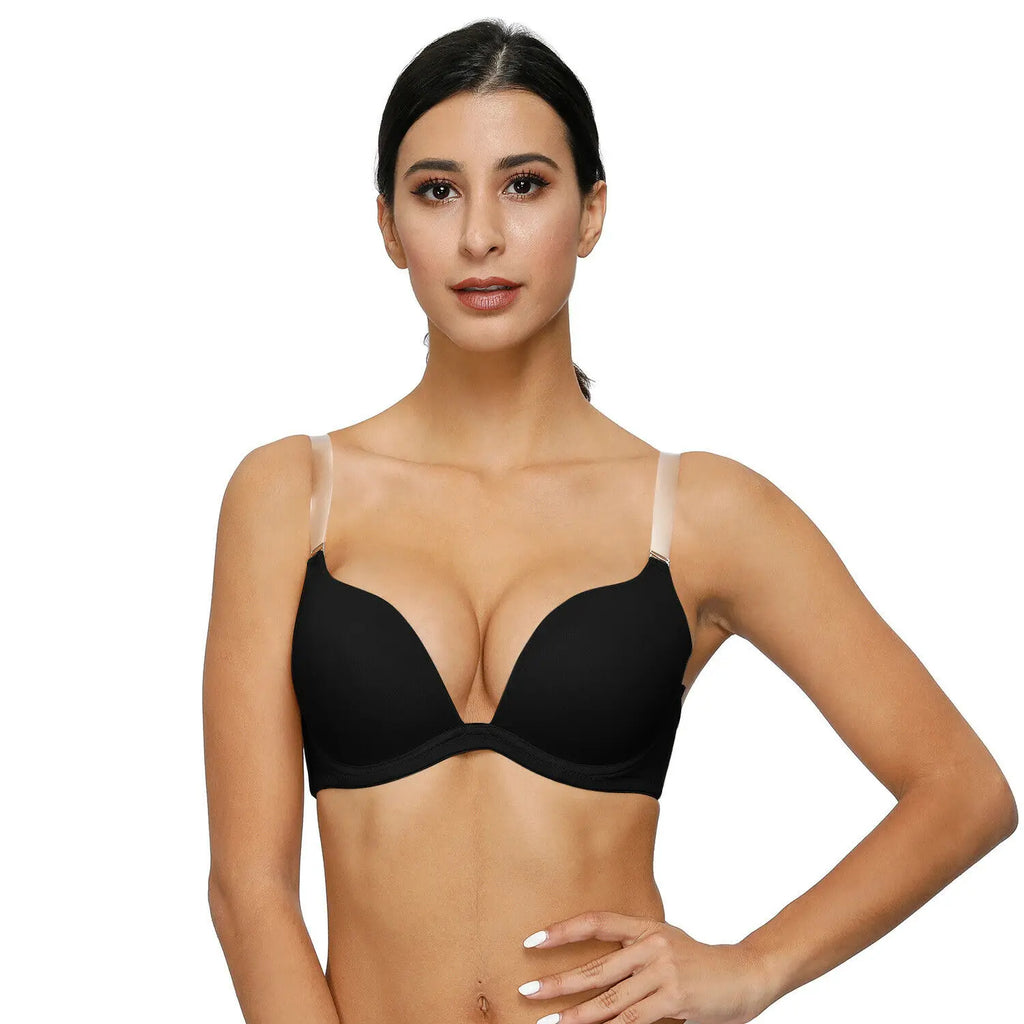 Woman wearing a black bra on a white background