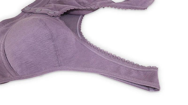 A close-up of a lavender purple bra with scalloped trim and a textured fabric, shown on a plain white background.