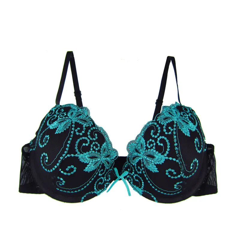 Black bra with teal lace detailing on a white background