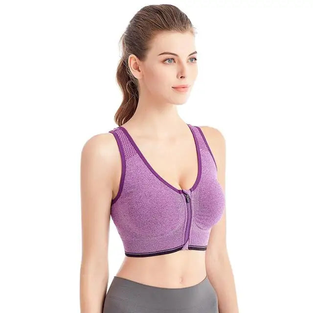 Women's Front Zipper Sports Bra Seamless Shockproof Breathable Fitness Brassiere No Underwire Running Bralette