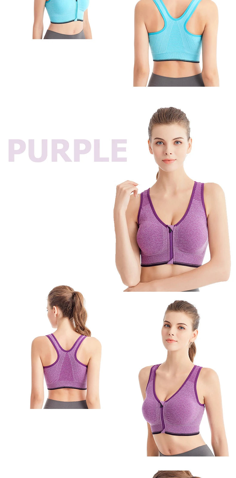 Women's Front Zipper Sports Bra Seamless Shockproof Breathable Fitness Brassiere No Underwire Running Bralette