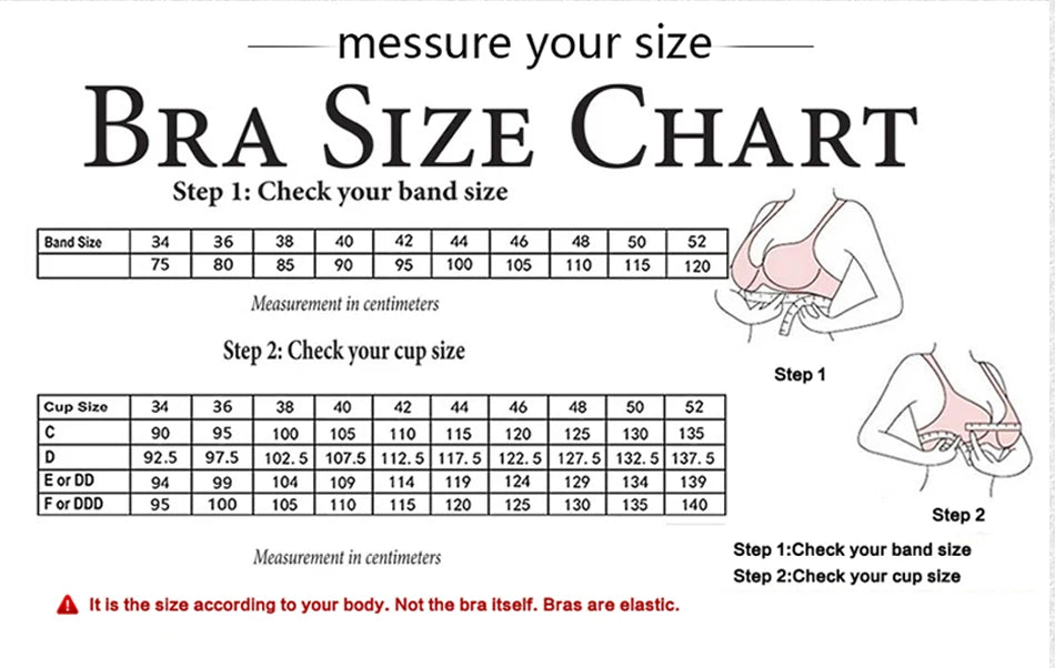 Bra size chart for measuring bra sizes with band and cup measurements.