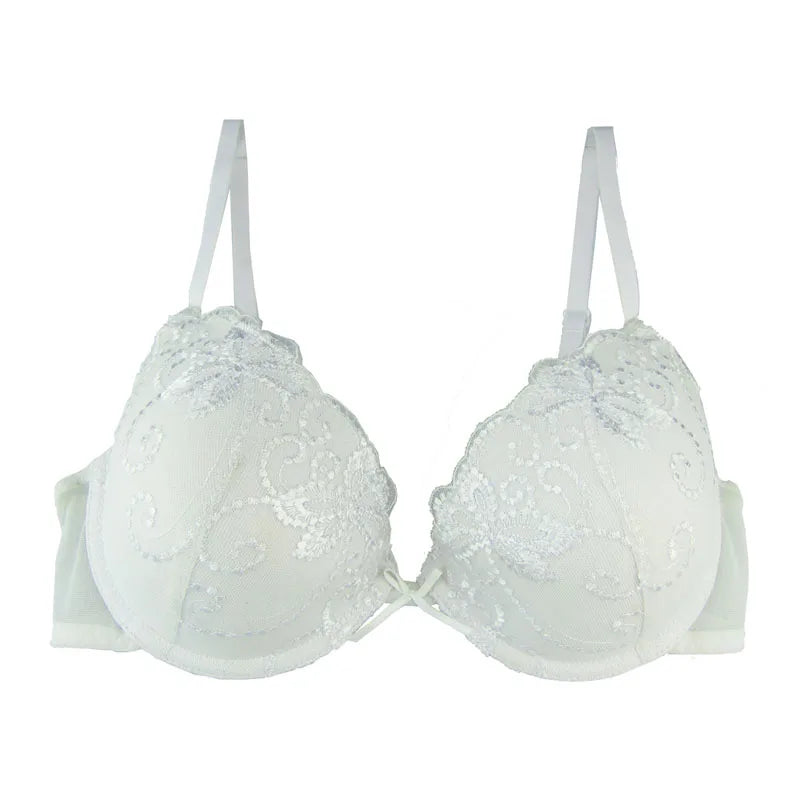 White bra with lace details on a white background