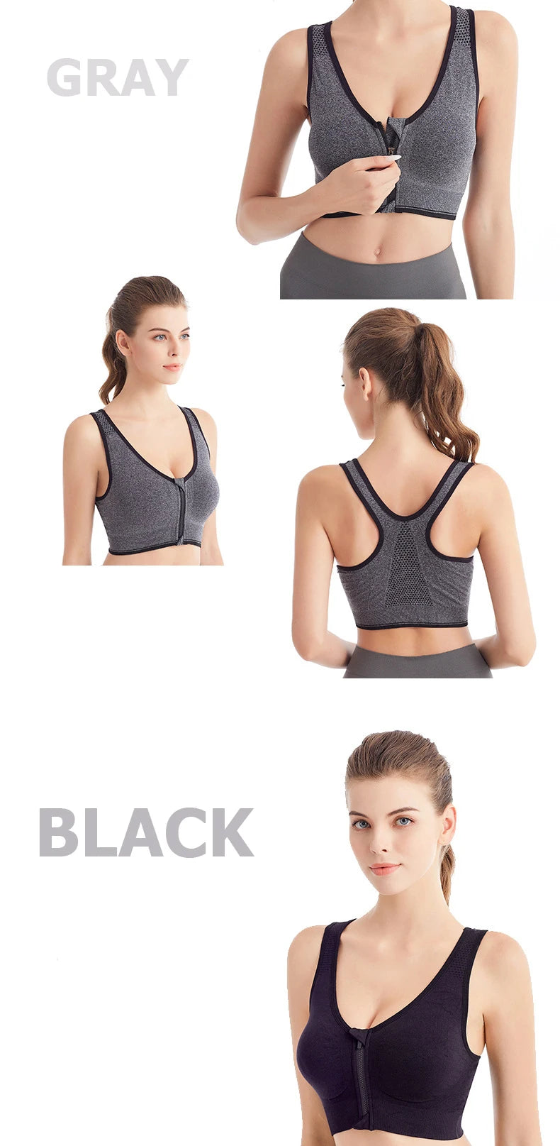 Women's Front Zipper Sports Bra Seamless Shockproof Breathable Fitness Brassiere No Underwire Running Bralette