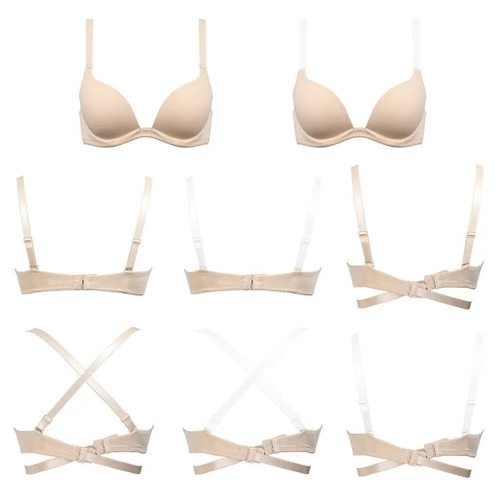 Set of beige bras and related products on a white background