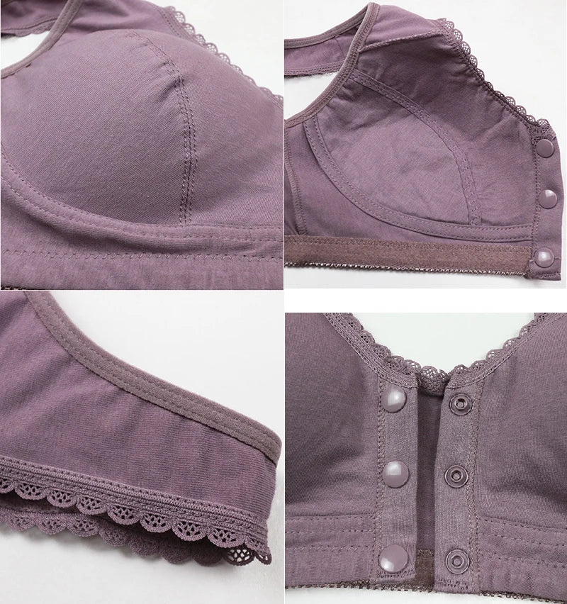Collage of a purple bra with lace details on a white background