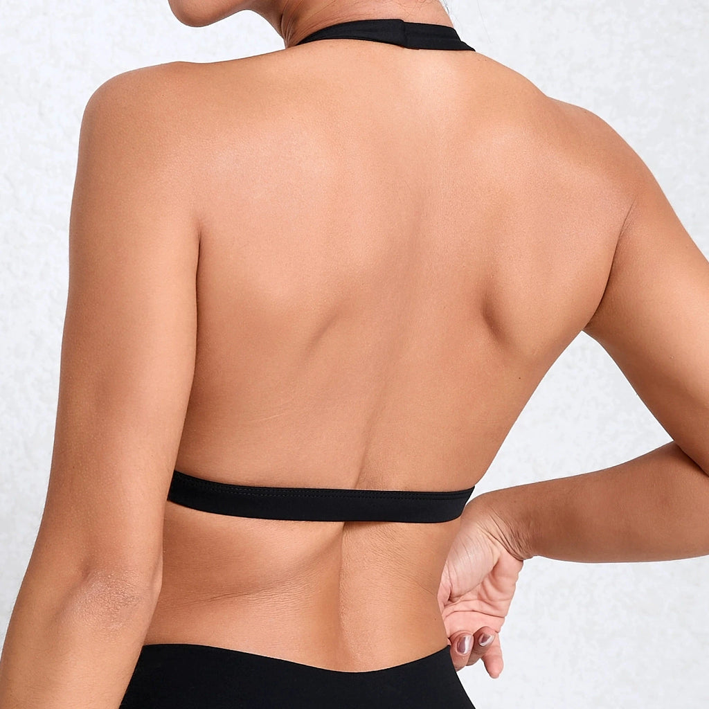 Seamless Halter Neck Open Back Sports Bra – Medium Support Yoga Gym Crop Top