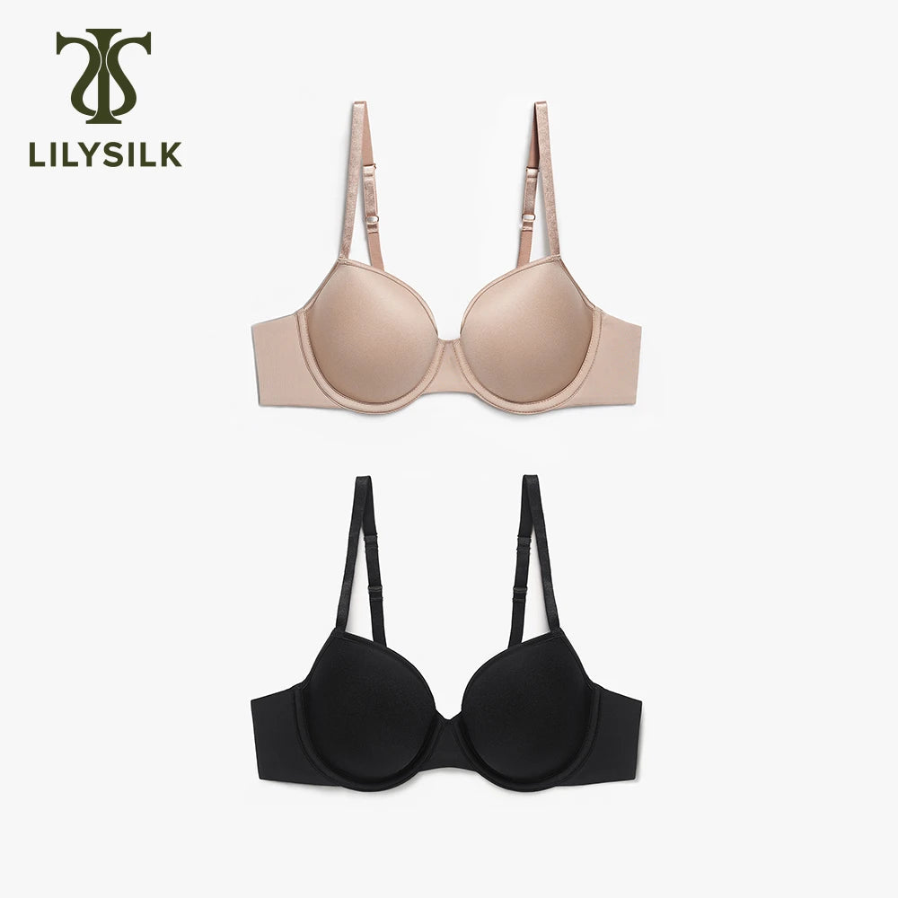 Two wireless underwire bras shown on a light gray background: one in nude beige at the top and one in black at the bottom. The brand name LILYSILK appears in the upper left corner.