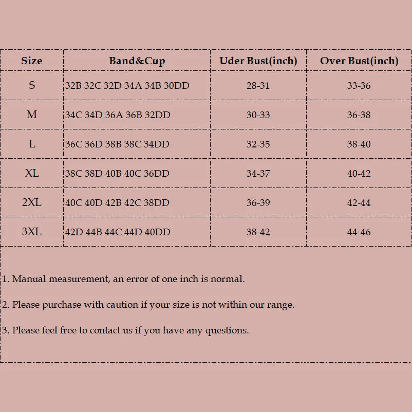 Size chart for a garment with band and cup options on a pink background