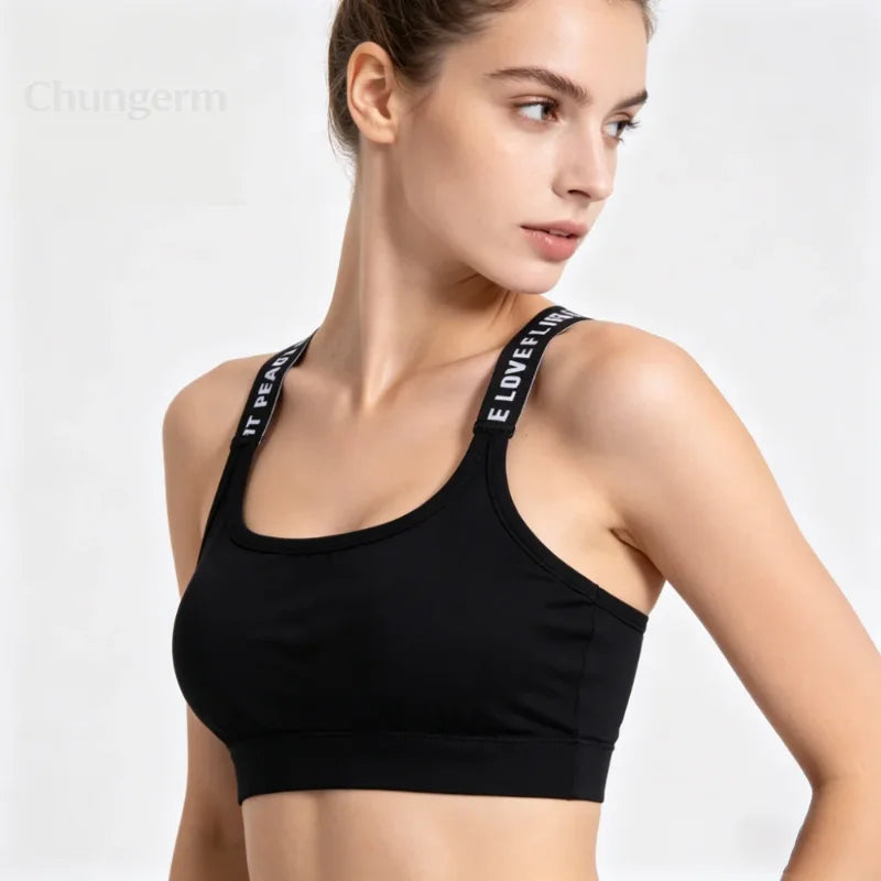 CHUANGERM Women's Seamless Sports Crop Top Wide Letter Straps Wireless Back Comfortable Yoga Fitness Workout