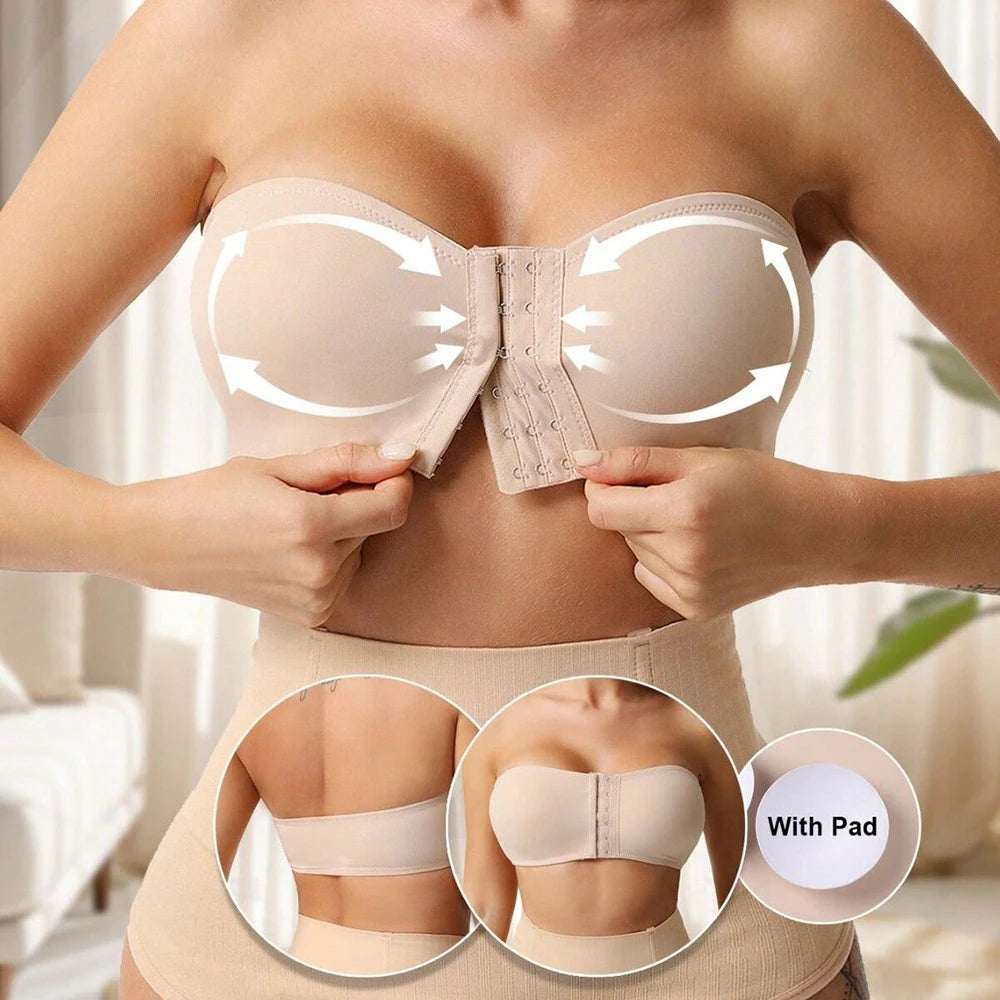Plus Size Front Fastening Bandeau Bra – Strapless Wire-Free Padded Push-Up S–2XL