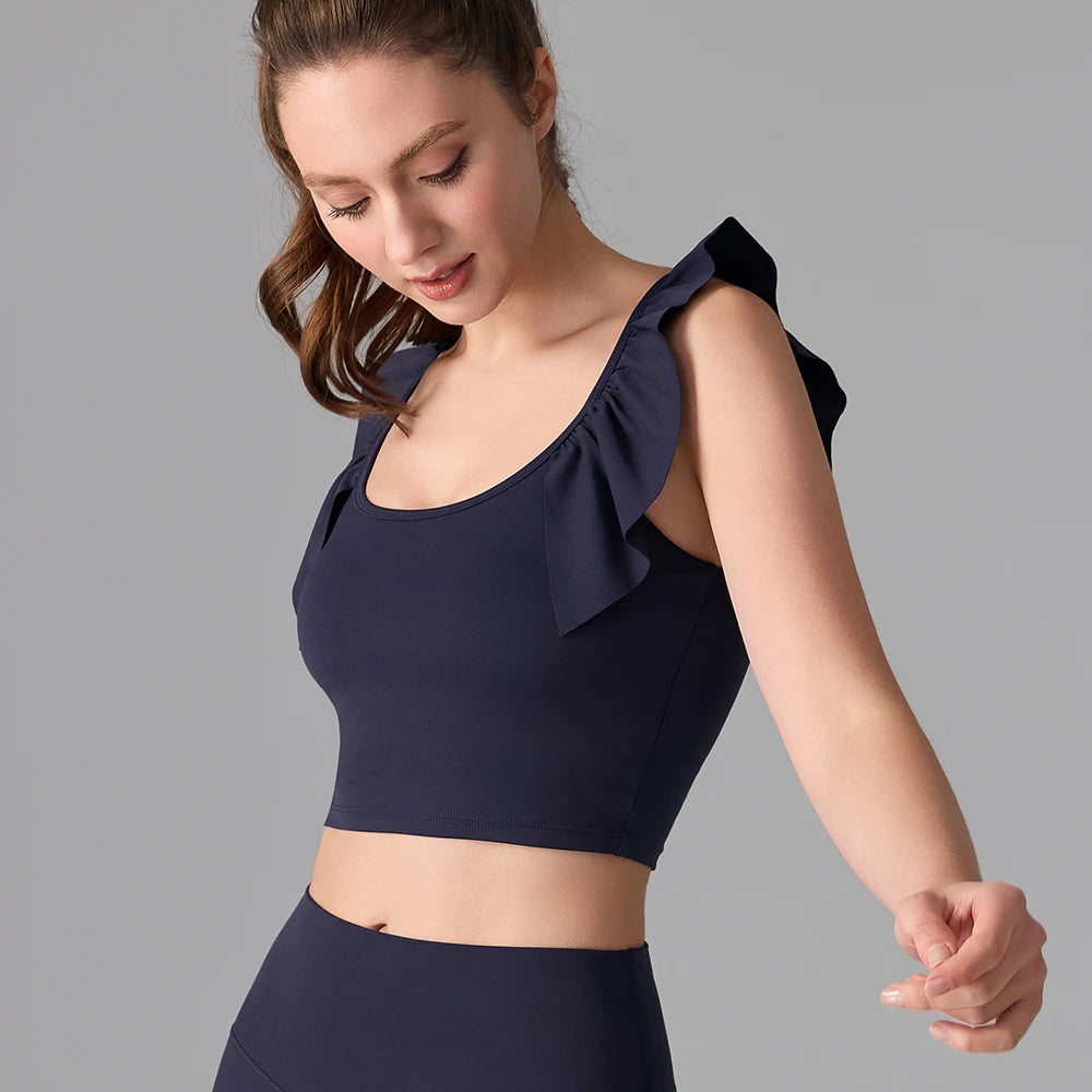 Women's Yoga Activewear Fixed-Cup Sports Bra Short Sleeve T-Shirt Lace Cami Top – Slimming Fitness Outfit for Gym, Pilates Yoga