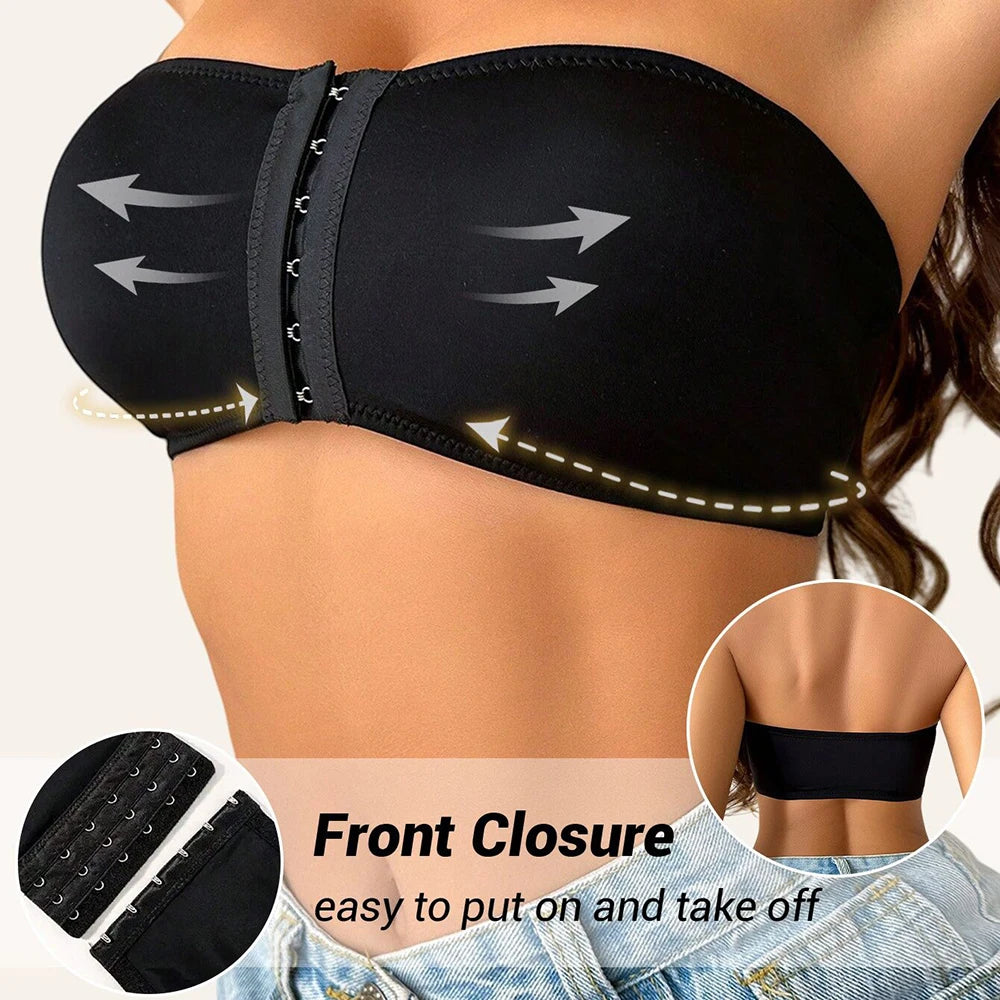 Plus Size Front Fastening Bandeau Bra – Strapless Wire-Free Padded Push-Up S–2XL