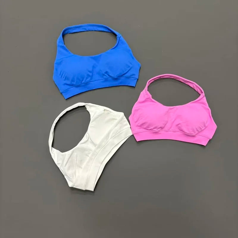 HISTELLO Seamless Halter Sports Bra – Open Back Gym & Yoga Top