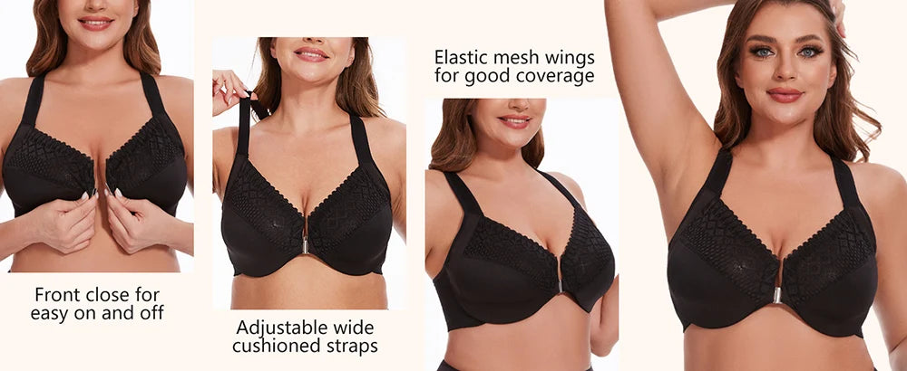 Sheroine Plus Size Lace Bra, Front Closure Full Coverage Underwire Unpadded Racerback Bra, Supportive and Comfort for Daily Wear