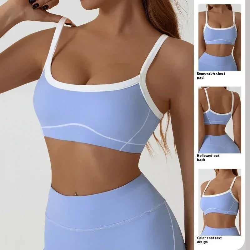 Women Yoga Sports Bra Color Clashing Shock Absorbing Brassiere Full Cup Breathable Gym Tube Top Bra Yoga Workout Underwear