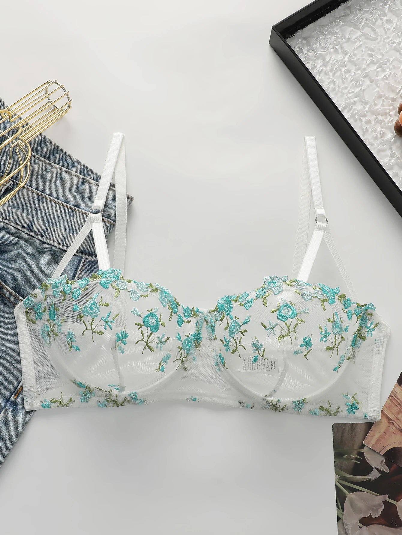 French Floral Embroidery Mesh Balconette Bra Women Underwire Thin Adjustable Straps See Through Breathable Summer Sexy Lingerie