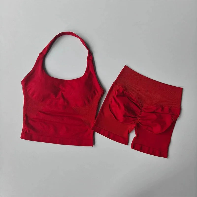Seamless Halter Neck Yoga Tank Tops for Women Built-in Bra Padded Gym Top Sleeveless Shirt Fitted Backless Workout Clothes