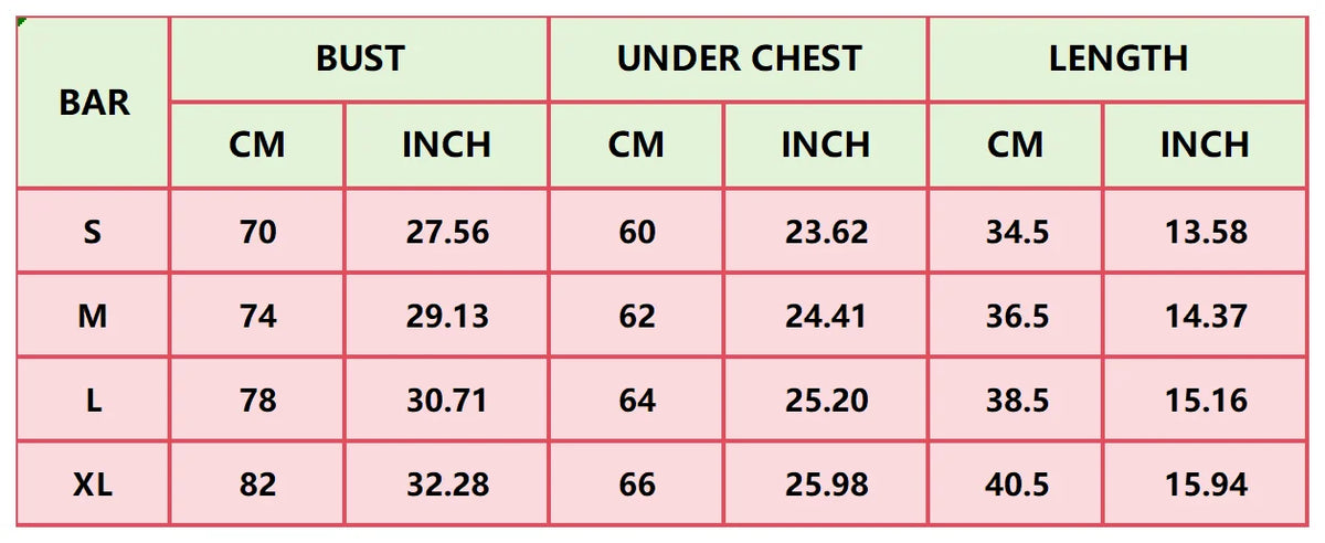 Measurement chart for clothing sizes S, M, L, and XL with dimensions in centimeters and inches.