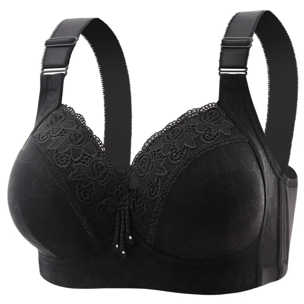 Black bra with lace detailing on a white background