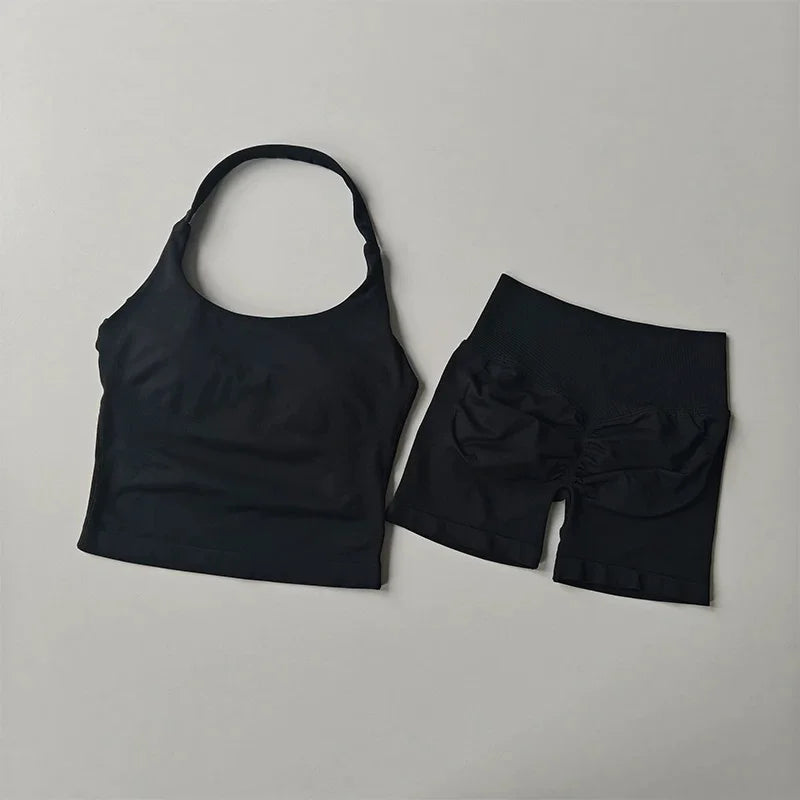 Seamless Halter Neck Yoga Tank Tops for Women Built-in Bra Padded Gym Top Sleeveless Shirt Fitted Backless Workout Clothes