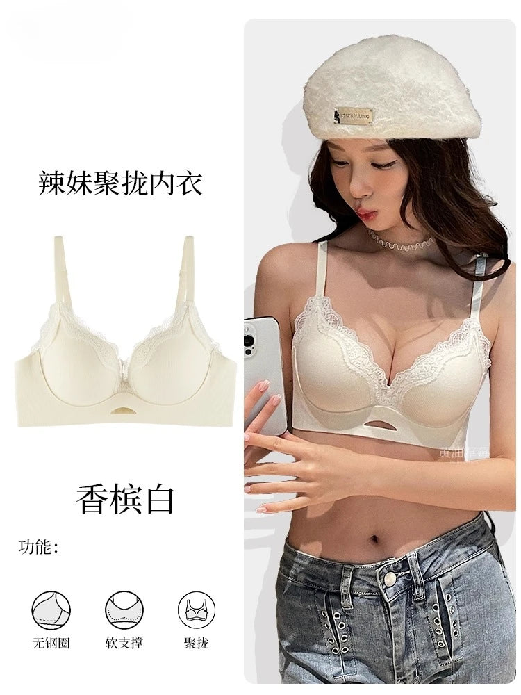 Elegant Matte Lace Bralette AB Cup, Wireless Push Up Bra Small Chest, Gathers Anti Sagging, Seamless Soft Cup T-Shirt Bra 32-38