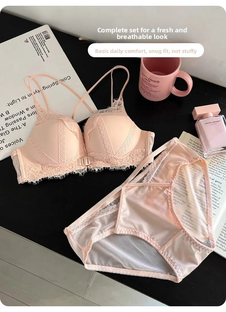 Wireless Lace Bra Set Women's Comfortable Sexy Back Design Gathered Front Clasp Underwear Nylon Material Suitable for Small B...