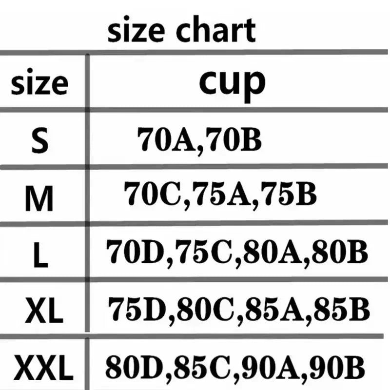 Size chart for cups with size labels and corresponding cup sizes.