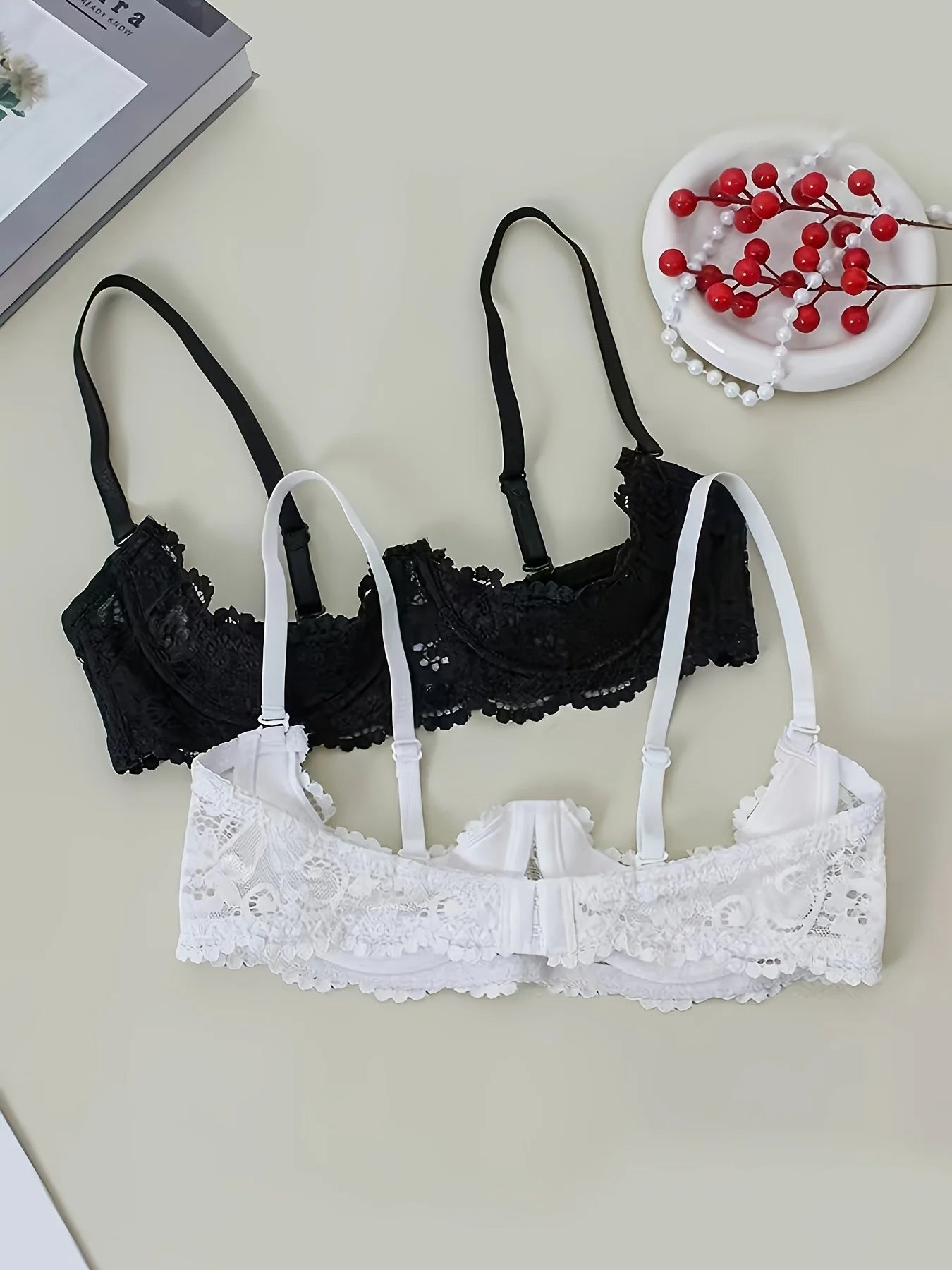 2PCS women's lace open cup lingerie, soft, skin friendly, breathable, plus size anti sagging sexy lingerie