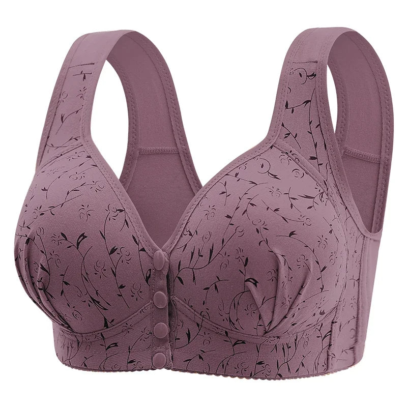 Purple floral-patterned bra on a white background
