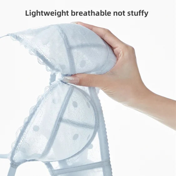 Hand holding a lightweight, breathable product with text on a white background