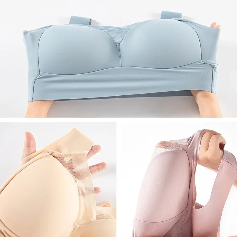 Three images of different colored bras on a white background
