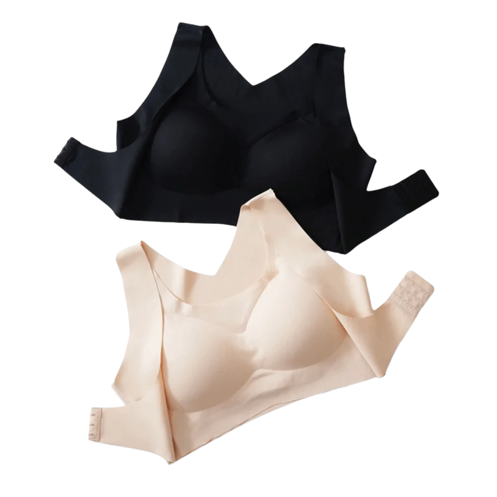Two wireless underwire bras shown on a plain white background, one in black and one in light beige/nude, arranged overlapping with the beige bra in front.