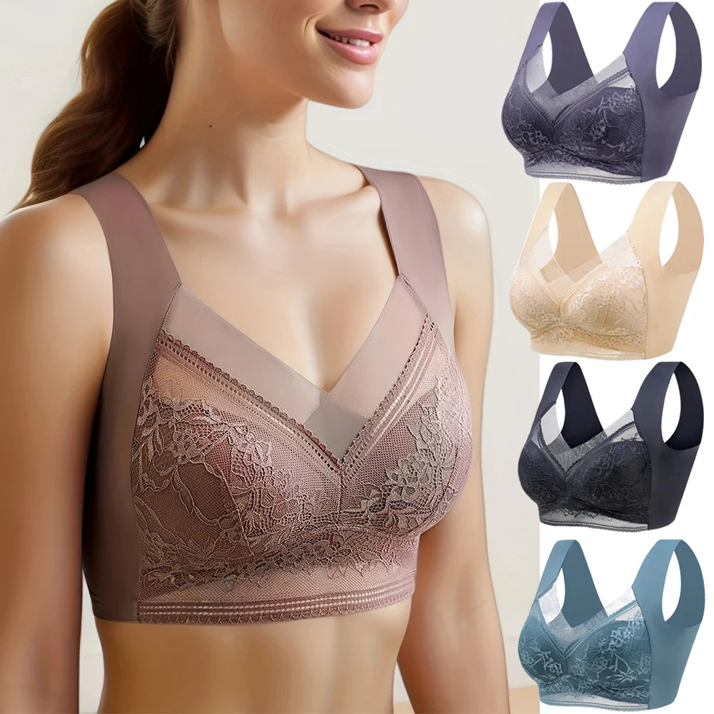 Plus Size Ice Silk Seamless Bra – Lace Wireless Push-Up Full Cup