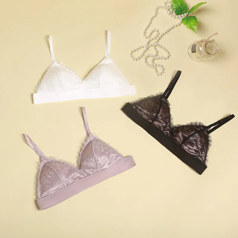 Women's Fashion Tassel Lace Triangle Bralette Wireless 3/4 Cup Mulberry Silk Soft Stretchy Lingerie Underwear
