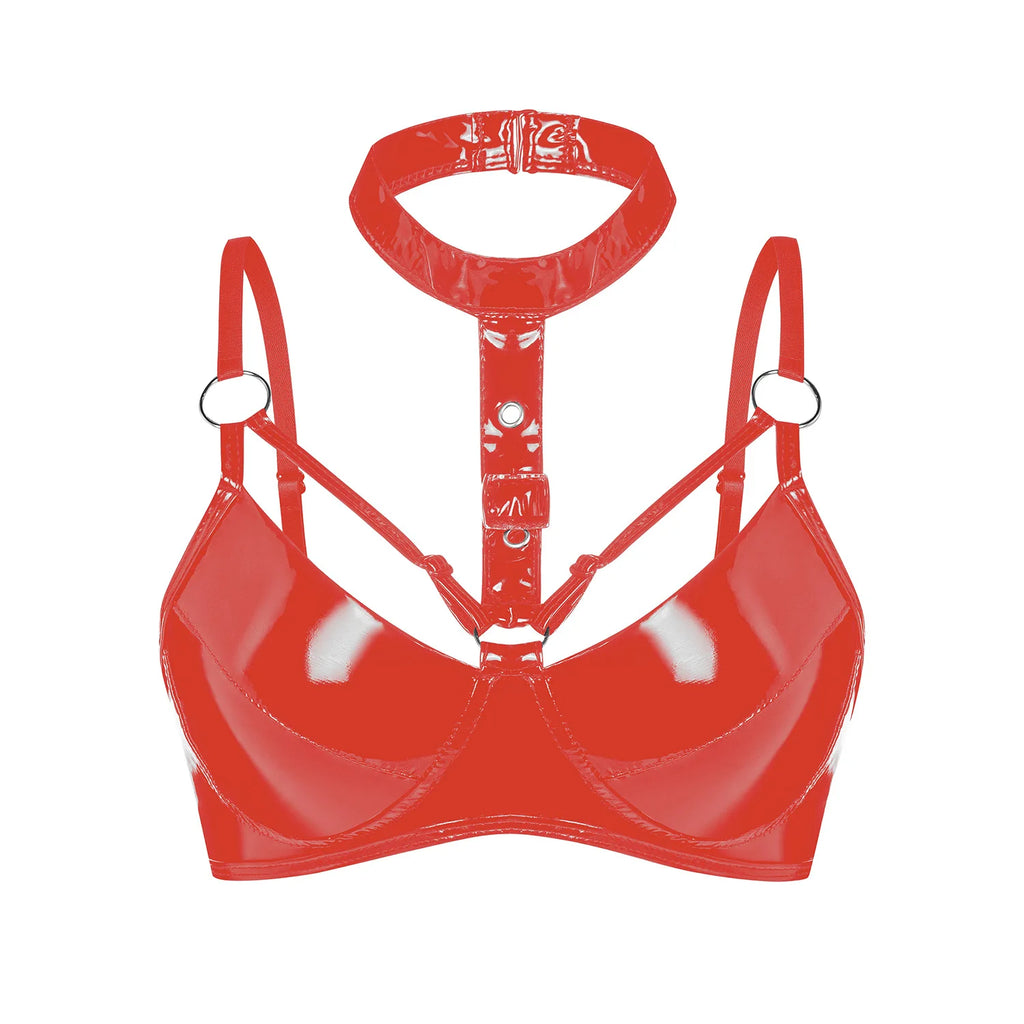 Womens Red Glossy Patent Leather Halter Bra Top Buckle Brassiere Strappy Bralette Adjustable Shoulder Straps Balconette Bustier
