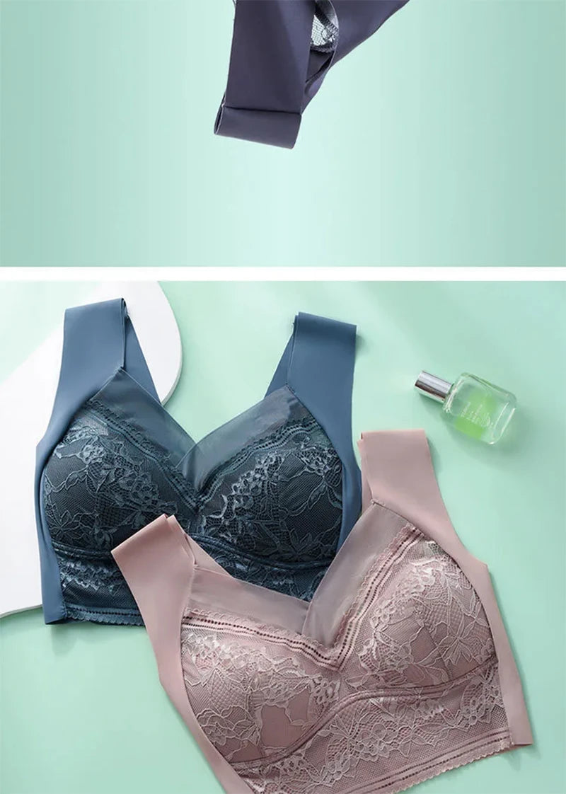 Plus Size Ice Silk Seamless Bra – Lace Wireless Push-Up Full Cup