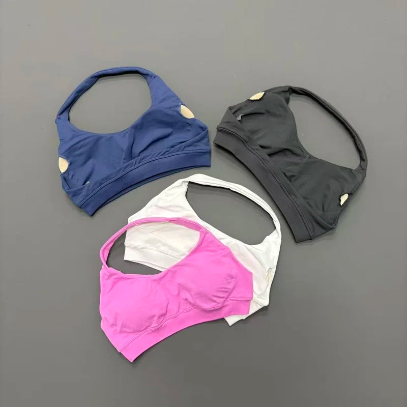 HISTELLO Seamless Halter Sports Bra – Open Back Gym & Yoga Top